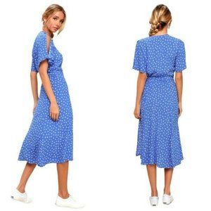 Lulu's Maretta Blue and White Floral Print Wrap Midi Dress